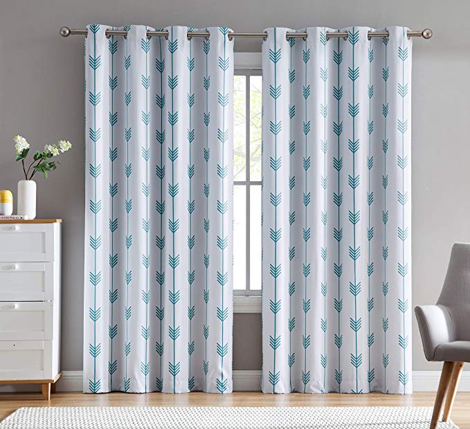 HLC.ME Arrow Printed Privacy Blackout Energy Efficient Room Darkening Thermal Grommet Window Curtain Drape Panels for Kids Bedroom - Set of 2 - Platinum White/Teal Blue - 84" inch Long