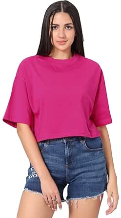 Cotton Round Neck Crop Loos Fit Oversized Tshirt Top for Women