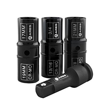 1/2-Inch Drive 4- Piece Flip Lug Nut Socket Set |ARES 70056 | Includes 17, 19, 21mm Metric Sizes and 3/4 ,13/16, 7/8 SAE Sizes, Impact Grade Chrome-Molybdenum Steel Ensures Lifetime Use