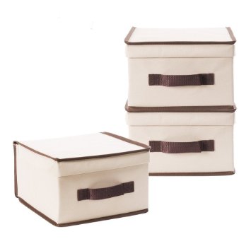StorageManiac Pack of 3 Foldable Natural Polyester Canvas Storage Box, Convenient Storage Box with Lid, Medium