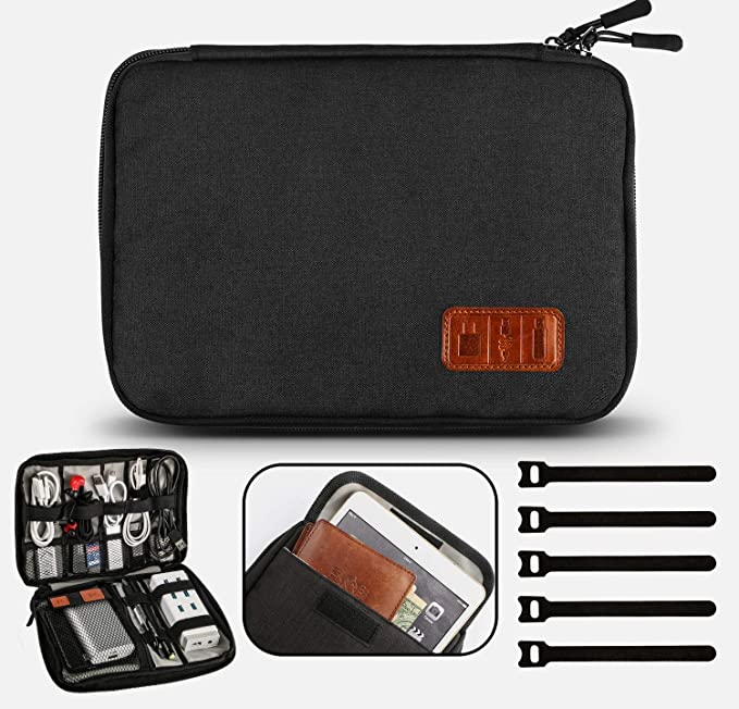 Travel Cable Organizer Bag Waterproof Electronic Accessories Soft Case with 5pcs Cable Ties for USB Drive Phone Charger Headset Wire SD Card Power Bank(Black)