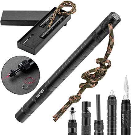 SULKADA 9 In 1 Portable Survival Gear Kits with Fishing tool, Fire Starter, Whistle, Emergency Glass Breaker, Knife,Compass ; for Self-defense, Camping, Tactics, Hiking, Hunting,Cars | Cool Gift