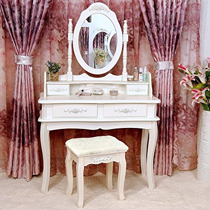 Tribesigns Makeup Vanity Table Set Bedroom Dressing Table with Stool and Mirror (1 Mirror   4 Drawer)