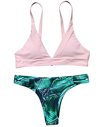 MOOSLOVER Women's Padded Brazilian Bikini Set Green Leaf Print Cheeky Bottom 2Pcs Swimsuits