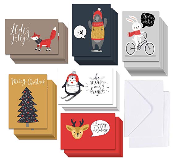 Woodland Animals Christmas Cards Boxed Set In 36 Bulk Pack, 6 Assorted Winter Funny Animal Designs for Holiday Greetings, Envelopes Included