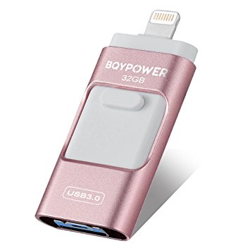 iOS USB Flash Drives for iphone 32GB [3-in-1] Lightning OTG Jump Drive, BQYPOWER External Micro USB Memory Storage Pen Drive, Encrypted Flash Memory Stick for iPhone, iPad, Android and PC (Pink)