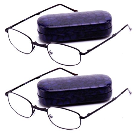 Eye-Zoom 2 Pack Metal Folding Reading Glasses with Case and Lens Cloth (Black, Strength:  2.50)