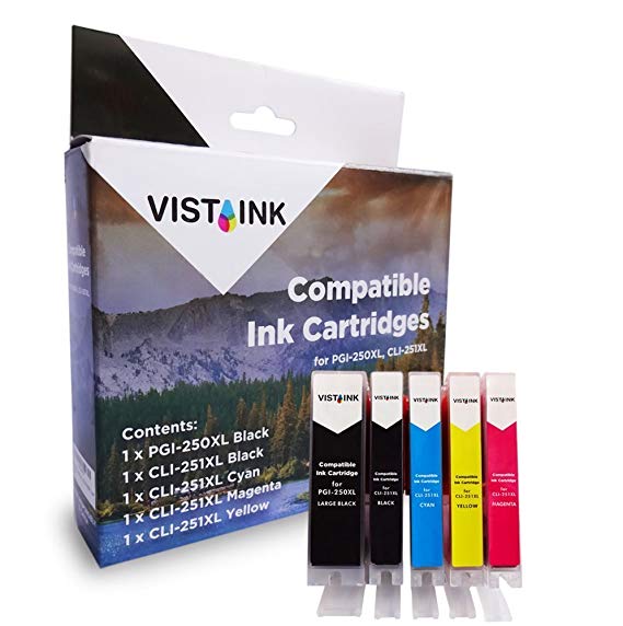 Vista Ink Compatible Canon PGI-250XL CLI-251XL Canon 251 XL 250 XL Ink Cartridges High Yield Color Replacement for Canon Printers - BK/C/M/Y - Ideal for Color Printing - 5/Pack