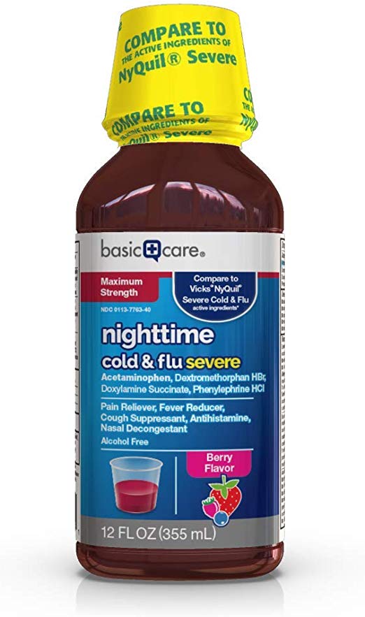 Amazon Basic Care Severe Nighttime Cold and Flu Relief, Berry Flavor, Relieves Headache, Pain, Fever, Runny Nose, Nasal/Sinus Congestion and Sinus Pressure, 12 Fluid Ounces