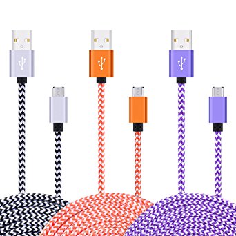 Micro USB Charger, Sicodo 3-Pack High Speed 6FT Premium Nylon Braided USB 2.0 A Male to Micro B Data Charger Cables for Samsung Galaxy S7 S6 Edge, Note 5, HTC, Motorola, Sony, LG and More