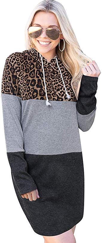 BIUBIU Fashion Long Sleeve Leopard Colorblock Casual Pullover Hoodie Sweatshirt Dress with Pocket