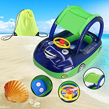 Inflatable Baby Pool Float，Happon Baby Float Seat With Sun Canopy Swim Ring Pool Float For 6-36 Months Old Included A Storage Bag Bonus