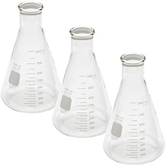 PYREX 1L Narrow Mouth Erlenmeyer Flasks with Heavy Duty Rim, 3/pk