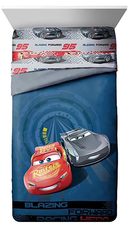 Disney/Pixar Cars 3 Movie Editorial Blue/Gray Twin/Full Reversible Comforter with Lightning McQueen & Jackson Storm (Official Disney/Pixar Product)