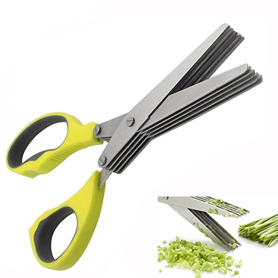 AUYE Herb Scissors Stainless Steel-Multipurpose Kitchen Shears 5 Blade with Cleaning Brush-Ergonomic Design Heavy Duty Durable Culinary Cutter with Sharp Blade