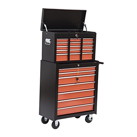 HomCom Rolling Tool Chest Cabinet with 16 Drawers, Black and Orange