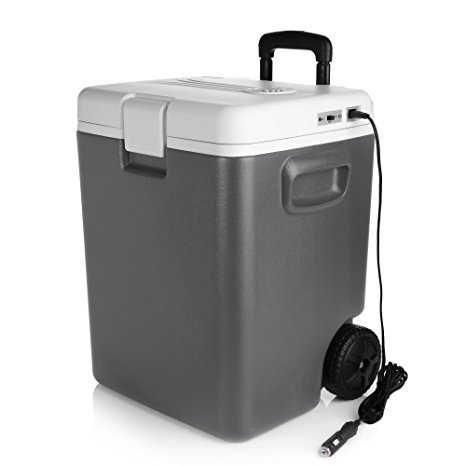 Electric Cooler with Wheels, BESTEK 30 Quart Car Refrigerator Freezer/12V Portable Thermoelectric Food Warmer for Truck Party, Travel, Picnic Outdoor, Camping, Home, Office (Grey)