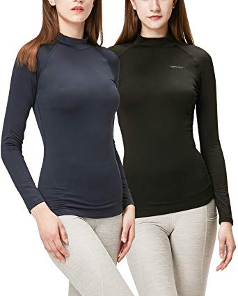 DEVOPS Women's 2 Pack Thermal Heat-Chain Compression Baselayer Tops Mock Turtleneck Long Sleeve T-Shirts