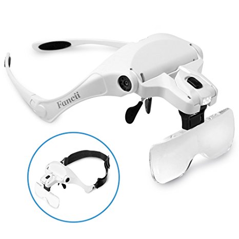 Fancii LED Illuminated Hands Free Head Magnifier Visor - 1X to 3.5X Zoom with 5 Detachable Lenses - Head Mounted Lighted Magnifying Glasses for Reading, Jewellery Loupe, Watch and Electronic Repair