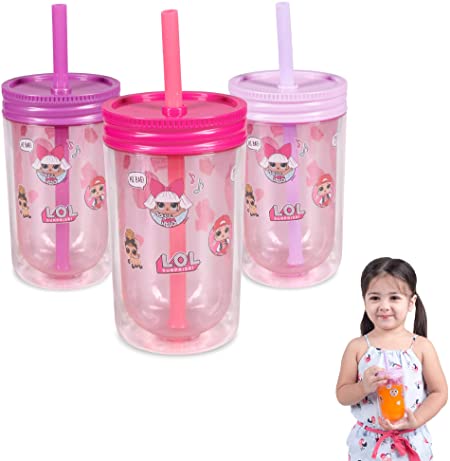 Franco Kids Pack of 3 Reusable Insulated Double Wall Tumbler Drinking Cups with Straws and Lids, 12-Ounce, LOL Surprise