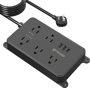 TROND Surge Protector Power Strip, 15ft Long Extension Cord, ETL Listed, 5 Widely Spaced AC Outlets, 3 USB Ports (1 USB C), 1300J, Low-Profile Flat Plug, Wall Mountable, for Kitchen Office, Black