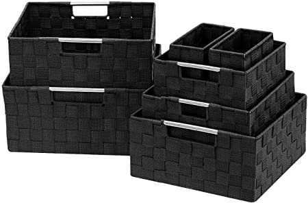 Sorbus Storage Box Woven Basket Bin Container Tote Cube Organizer Set Stackable Storage Basket Woven Strap Shelf Organizer Built-in Carry Handles (7 Piece - Black)