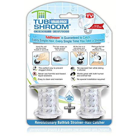 TubShroom Chrome Edition Revolutionary Tub Drain Protector Hair Catcher, Strainer, Snare, 2 Pack