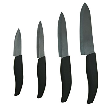LNC 4-Piece Ceramic Knife Set Black Handle and Blade 6" Chef's 5" Cleaver 4" Utility 3" Paring