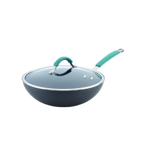 Rachael Ray Cucina Hard-Anodized Nonstick Covered Stir Fry Pan, 11-Inch, Gray, Agave Blue Handles