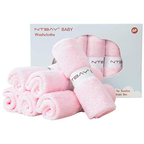 NTBAY Baby Bamboo Washcloths, Perfect Gift Baby Face Towels, 6 Pack, 10 x 10 Inches, Pink