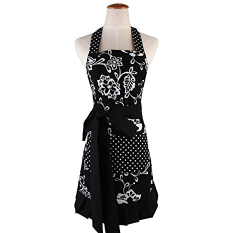 Plus Size Retro Vintage Women Cute Black Apron Two Pockets 100% Organic Cotton Extra-long Tie Kitchen Apron for Baking Cooking Gardening 29 x 21 inch