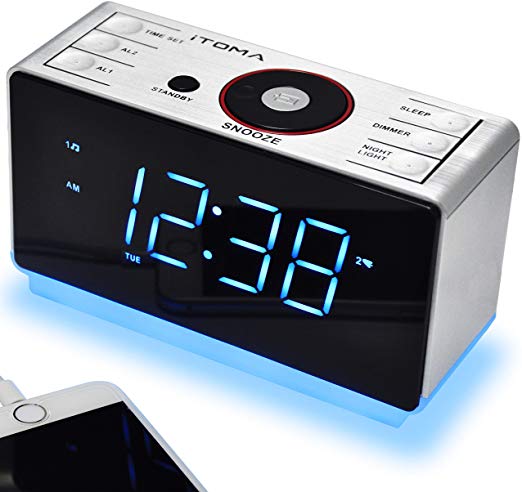 iTOMA Alarm Clock Radio with Bluetooth Wireless Speakers, Digital FM Radio, Dual Alarm with Snooze, Dimmer Control, Cell Phone USB Charging (CKS708)
