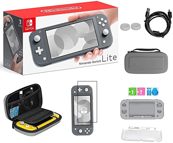 Newest Nintendo Switch Lite, Gray Game Console, 5.5" 1280x720 Touchscreen Display, Built-in Control Pad, 802.11ac WiFi, Bluetooth, Speakers, 3.5mm Audio Jack, with TSBEAU 6-in-1 Carrying Case Bundle