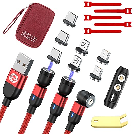 EndlesShine Magnetic Fast Charging Cable(3Pack3.3/6.6/6.6FT&Cable Bag),Phone Charger Cable 3 in 1 Compatible with Micro USB、Type C 3A Fast Charging Data Sync USB Data Cable(Red)