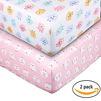 Crib Sheet UOMNY 100% Cotton Baby Coverlet for Baby Girl and Baby Boy 2 Pack(Pink owl pattern/White owl pattern)