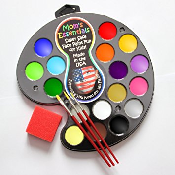 Face Paint Kit for Kids. 16 colors include gold, silver, 3 brushes, 2 sponges. Easy On & Off with Water. Professional Face Painting Palette. All you need for 160 faces or tattoos. Super Safe 100% USA
