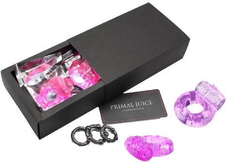 SIMULTANEOUS EXPLOSIONS Set of Six Dual Pleasure Vibrating Silicone Cock Rings with Titan Tension Enhancing Technology - Free Silicone Cock Ring Set Included - Comfortable and Waterproof Vibrating Ring for a Strong Erection and Maximum Prolonged Pleasure - Backed by PRIMAL JUICES Maximum Pleasure Guarantee