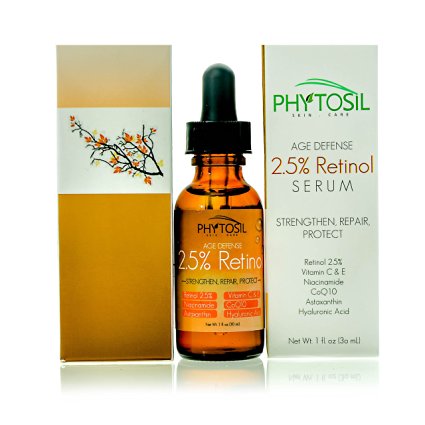 2.5% Retinol Serum - Strongest Retinol Available - With 20% Vitamin C & E, Hyaluronic Acid, Astaxanthin, CoQ10 - Diminish Wrinkles, Build Collagen, Tighten Sagging Skin, Fade Spots - Phytosil 1 OZ
