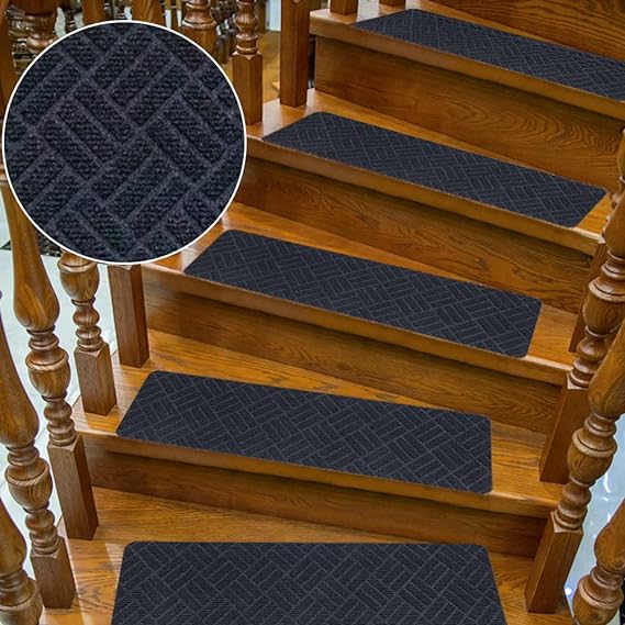 Stair Treads Carpet, FOME Stair Mat Set of 15 Non-Slip Stair Rugs 30"x8" Anti Moving Grip Safety Staircase Step Treads for Kids Elders and Dog Dark Grey Embossed Stripe