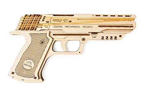 UGEARS Wolf-01 Handgun Wooden Mechanical 3D Brainteaser, Best Gift Puzzle for Adults and Teens