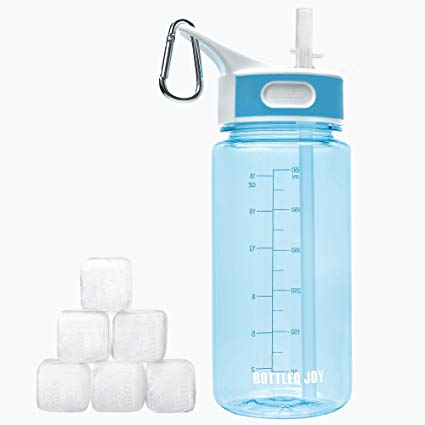 BOTTLED JOY Kids Water Bottle with Straw Handle and 6pcs ice Cubes,Back to School Student Water Cup, Wide Mouth 100% BPA-Free Tritan Bite Valve Plastic Water Bottle 20oz 600ml