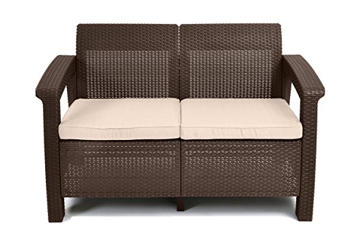 Keter Corfu Love Seat All Weather Outdoor Patio Garden Furniture w/ Cushions, Brown