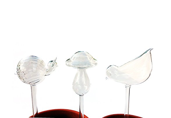 Set of 3 Small Hand Blown Clear Glass Self Watering Aqua Globes in Different Shapes (Mushroom, Bird, Snail)