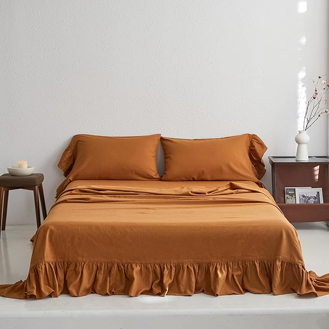 Belgian Linen Sheet Set with Long Ruffles 4pcs (1 Flat Sheet, 1 Fitted Sheet & 2 Pillowcases) Solid Shabby Vintage Chic Country Style Frilled Farmhouse Bed Sheet (Long-Rust, Queen)