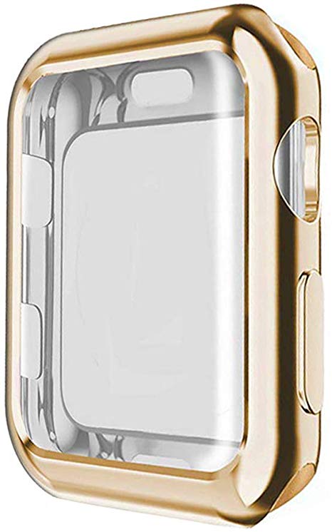 HONEST KIN Compatible for Apple Watch 3 Case 42 mm Soft Transparent TPU All-Around Cover Protective iWatch Case with Screen Protector for Apple Watch Series 3, Series 2, Nike , Sport, Gold