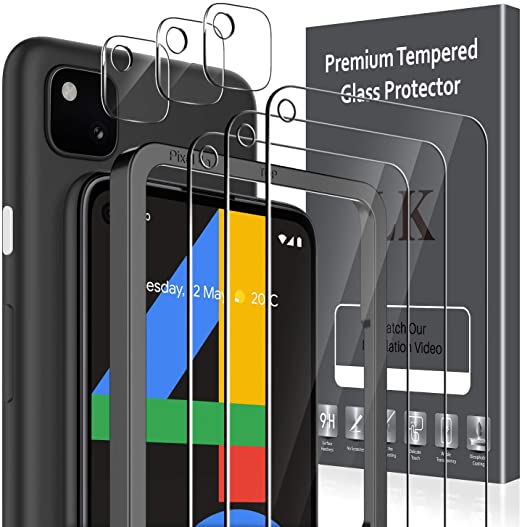 LK 6 Pack 3pcs Screen Protector & 3pcs Camera Lens Protector Compatible with Google Pixel 4a 4G 5.8 Inch Tempered Glass, Easy Frame Installation, HD Ultra-Thin, Case Friendly