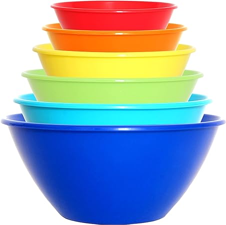 Youngever 6 Pack Large Plastic Mixing and Serving Bowls, Plastic Nesting Bowls Set - 120OZ, 80OZ, 50OZ, 32OZ, 22OZ, 12OZ (Rainbow Colors)