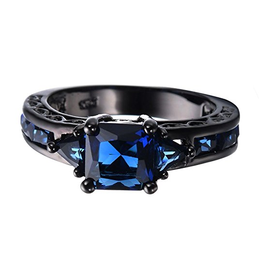 JunXin Princess Trillion &Radiant Cut Sapphire Blue Birthstone Black Gold Ring Size5/6/7/8/9/10/11