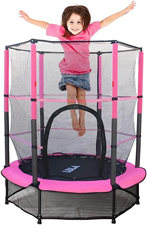 55” Kids Trampoline, Large Trampoline for Kids with Safety Enclosure Net and Frame Cover， Bulit-in Zipper Heavy Duty Steel Frame， Trampoline for Children Jumping Training Indoor Outdoor Activities