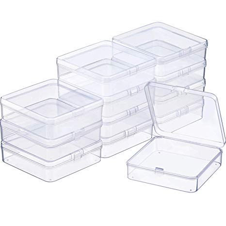 SATINIOR 12 Pack Clear Plastic Beads Storage Containers Box with Hinged Lid for Beads and More (3.70 x 3.70 x 1.18 Inch)